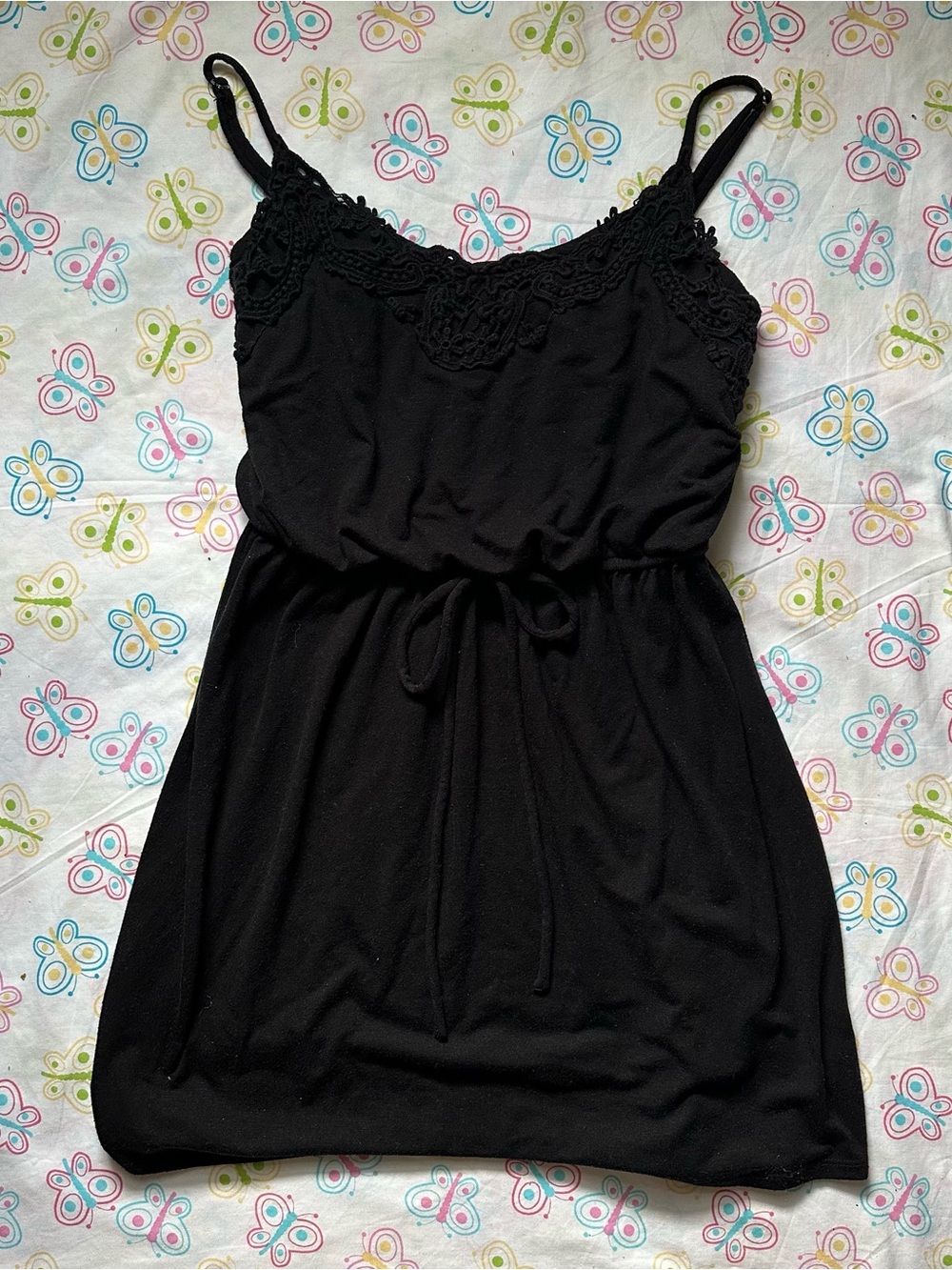 Speechless Y2K Black Drawstring Waist Crochet Lace Neckline Mini Dress